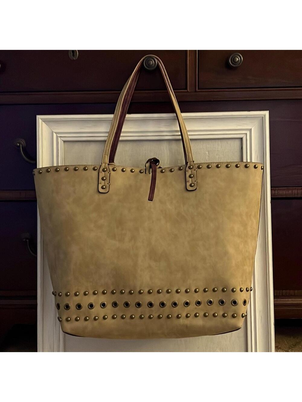 Sydney Love tan sueded leather tote with burgundy leather lining and studs NWOT